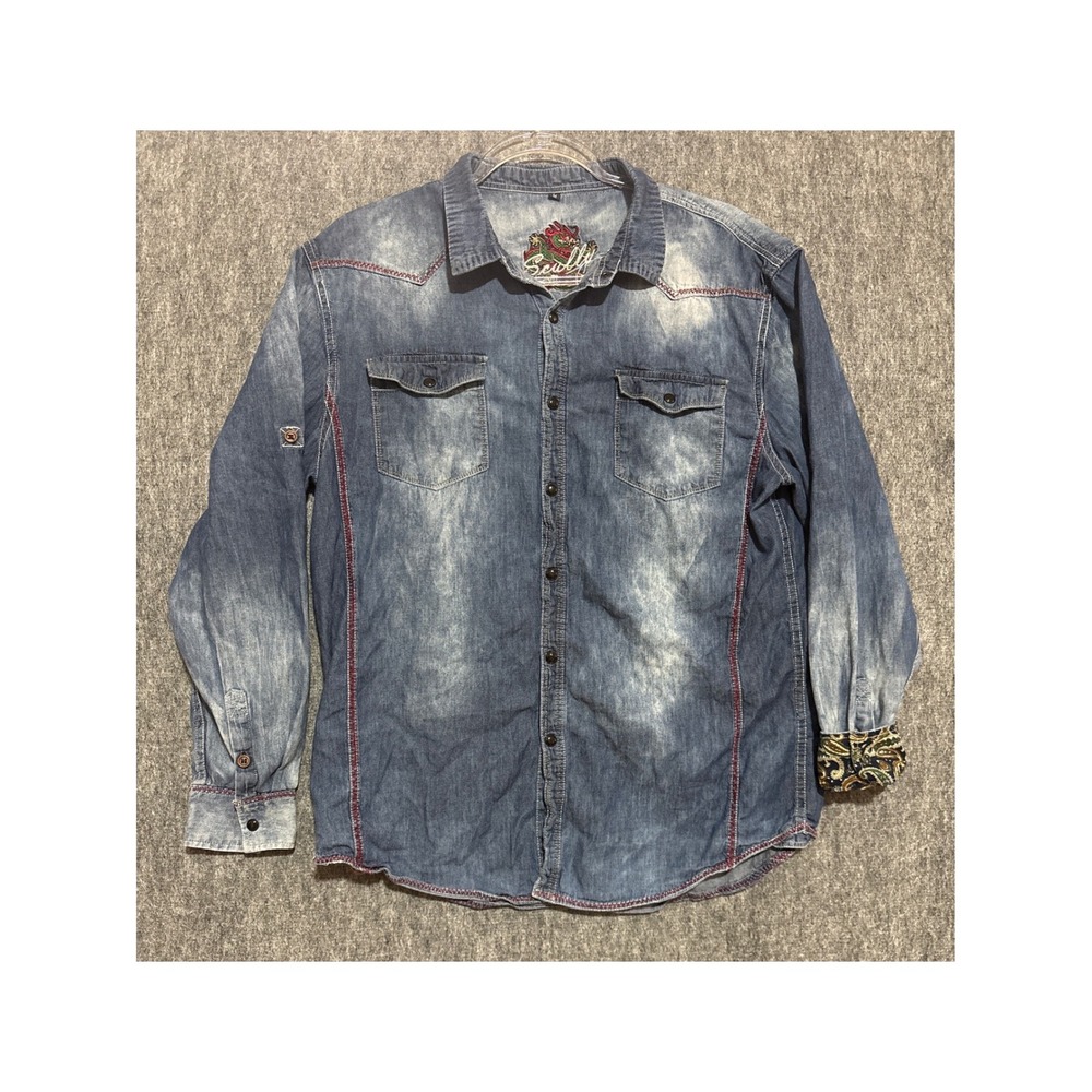 Scully Mens Blue Acid Wash Denim Western Shirt Dragon Embroidery PS-114 Size M
